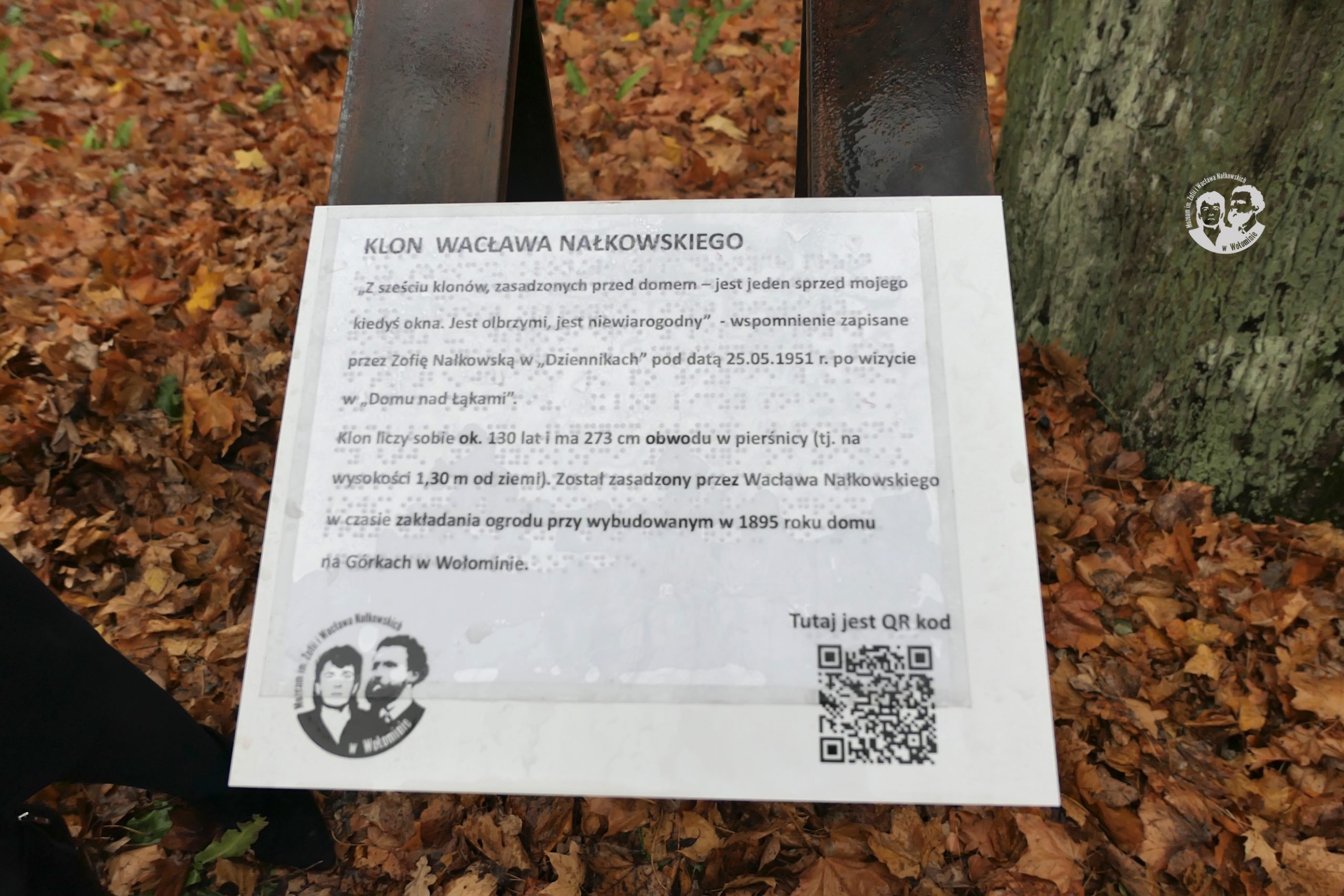 Fotografia kolorowa pozioma wizerunek tabliczki, białej prostokątnej z czarnymi napisami, kodem QR oraz logo Muzeum a także z nakładką z tekstem w alfabecie Braille’a